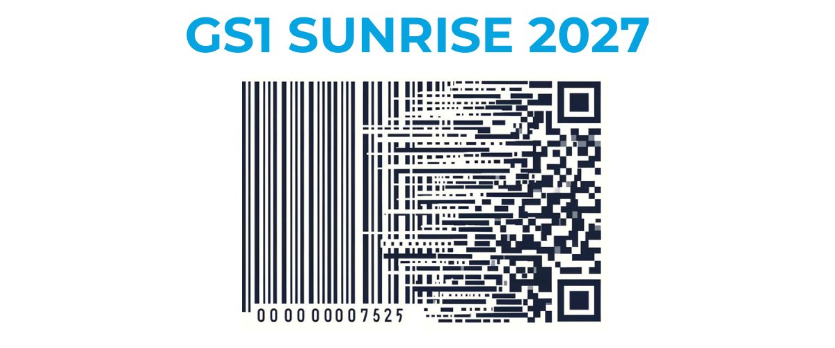 A graphical representation of GS1 Sunrise 2027 showing a 1D barcode morphing into a 2D barcode.